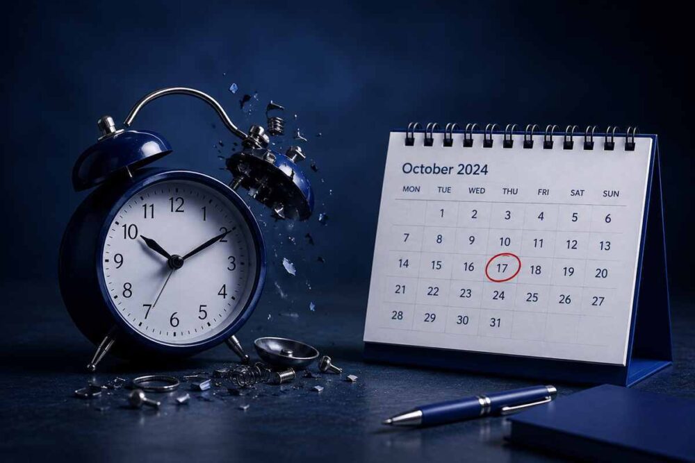 Broken alarm clock beside a calendar stuck on October 2024, NIS2 transposition delay