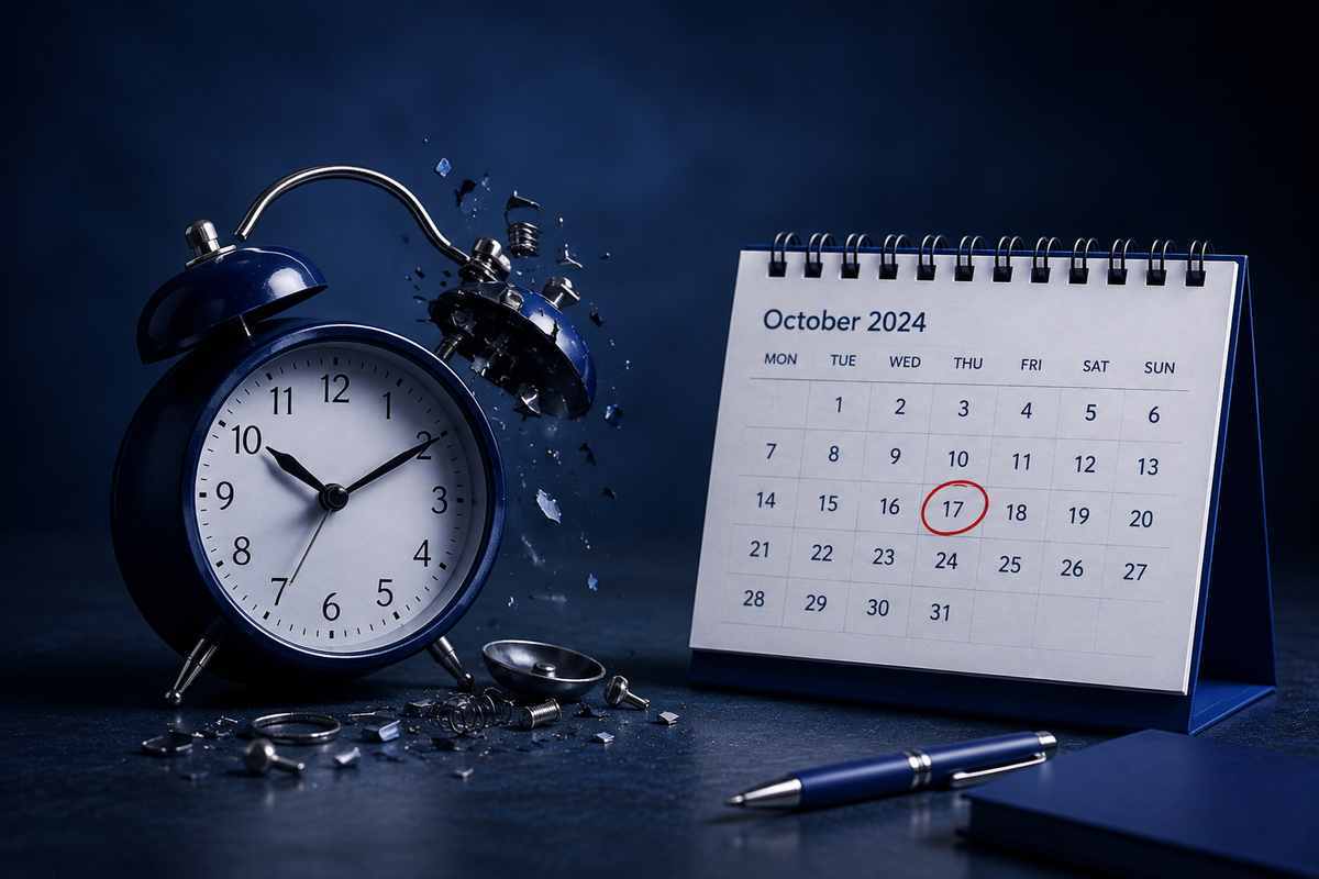 Broken alarm clock beside a calendar stuck on October 2024, NIS2 transposition delay